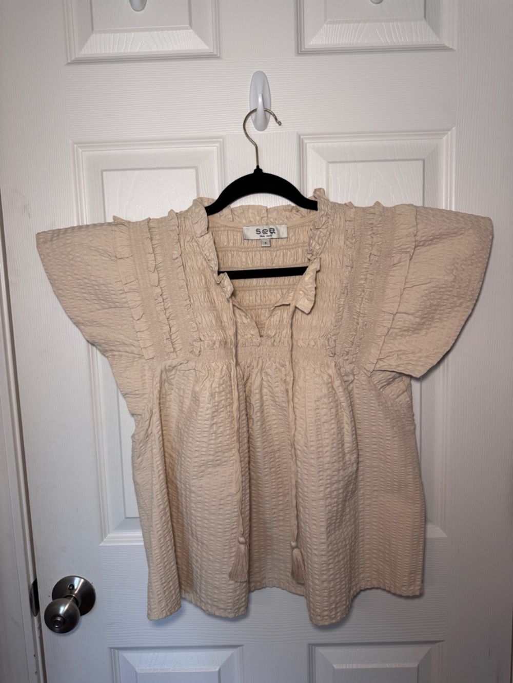 Sea New York Cream Seersucker Ruffle-Trim Peasant Blouse